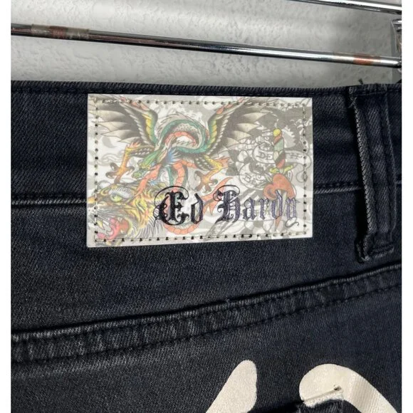 Ed Hardy 90s Flare black jeans Tiger head embroidery boho logo sz 34 - Picture 14 of 14